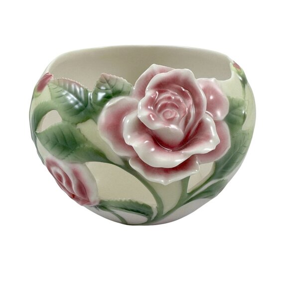 Franz Collection Porcelain Pink Garden Rose Bowl Candleholder Roses FZ00242 - Picture 1 of 9